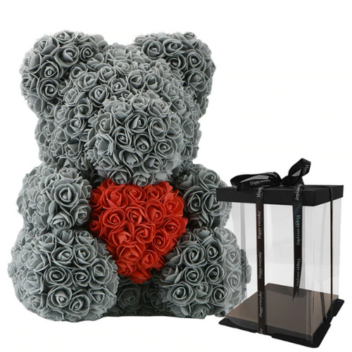 Grey Love Heart Rose Bear